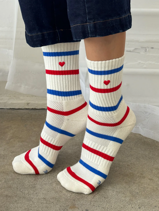 Embroidered Striped Boyfriend Socks - Red,Blue + Heart