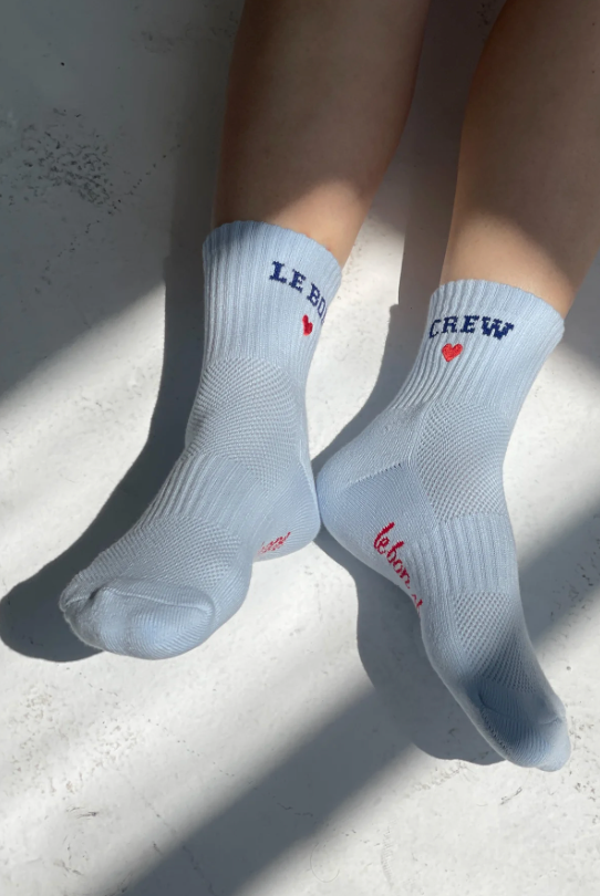 Embroidered Crew Socks - Sky Blue