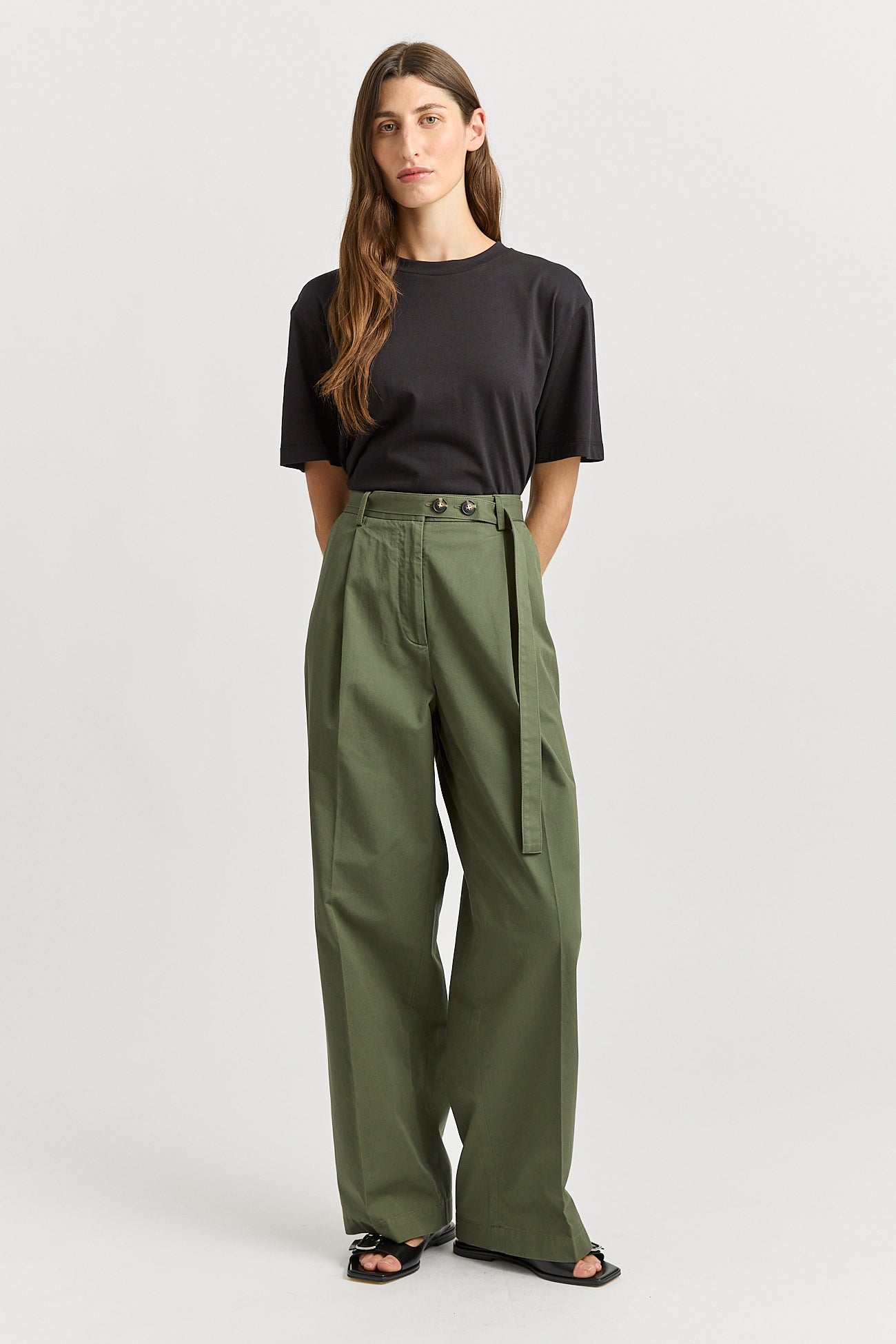 Belted Cotton Pant - Olive