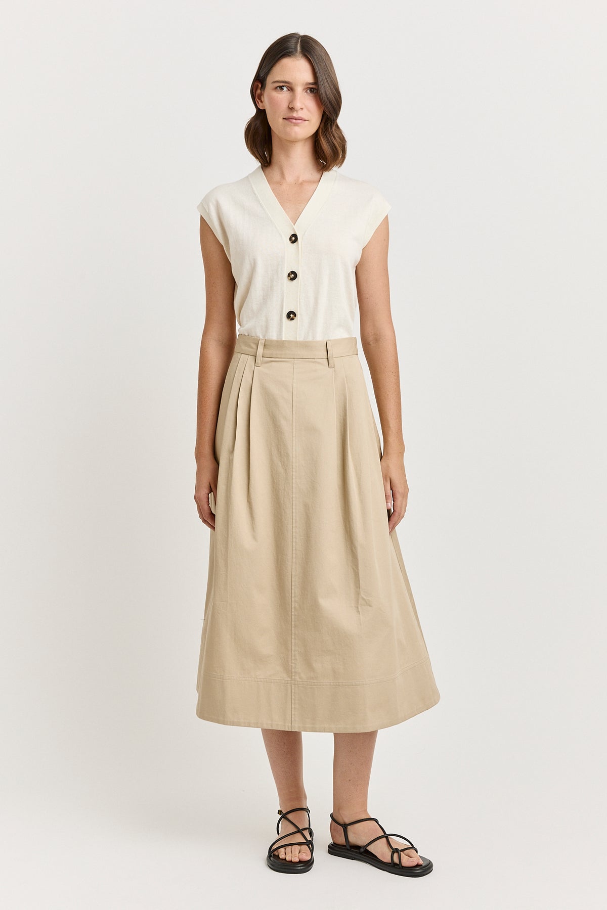 Pleat Detail Midi Skirt - Beige