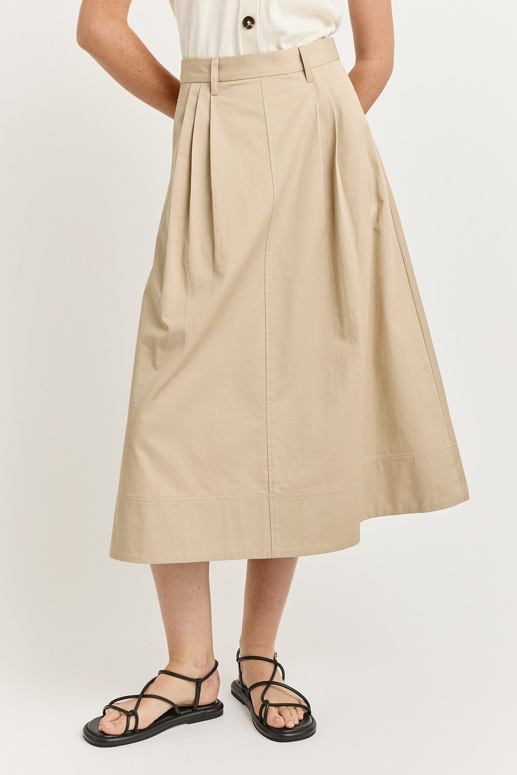 Pleat Detail Midi Skirt - Beige