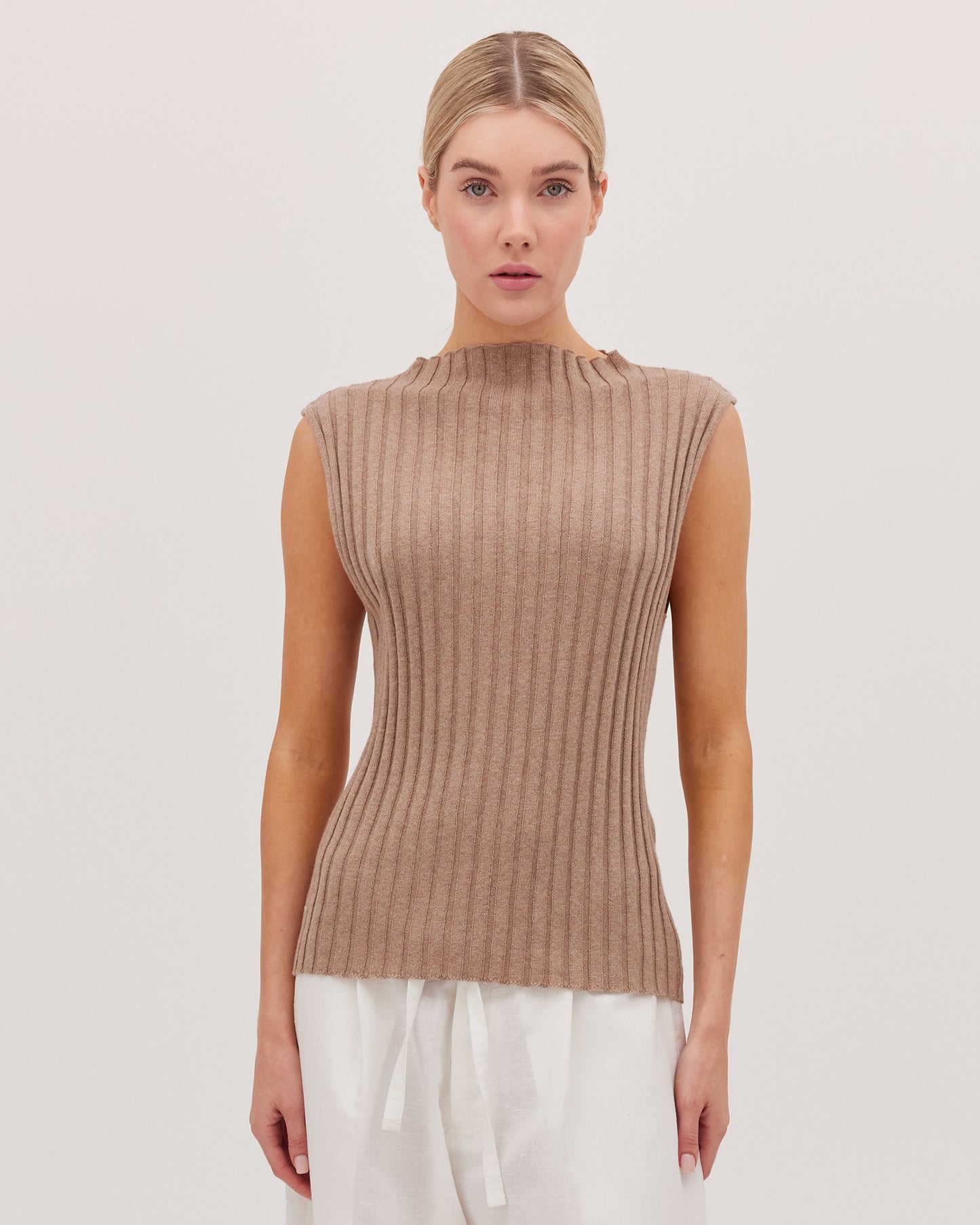 The Ribbed Funnel Neck Tank - Walnut