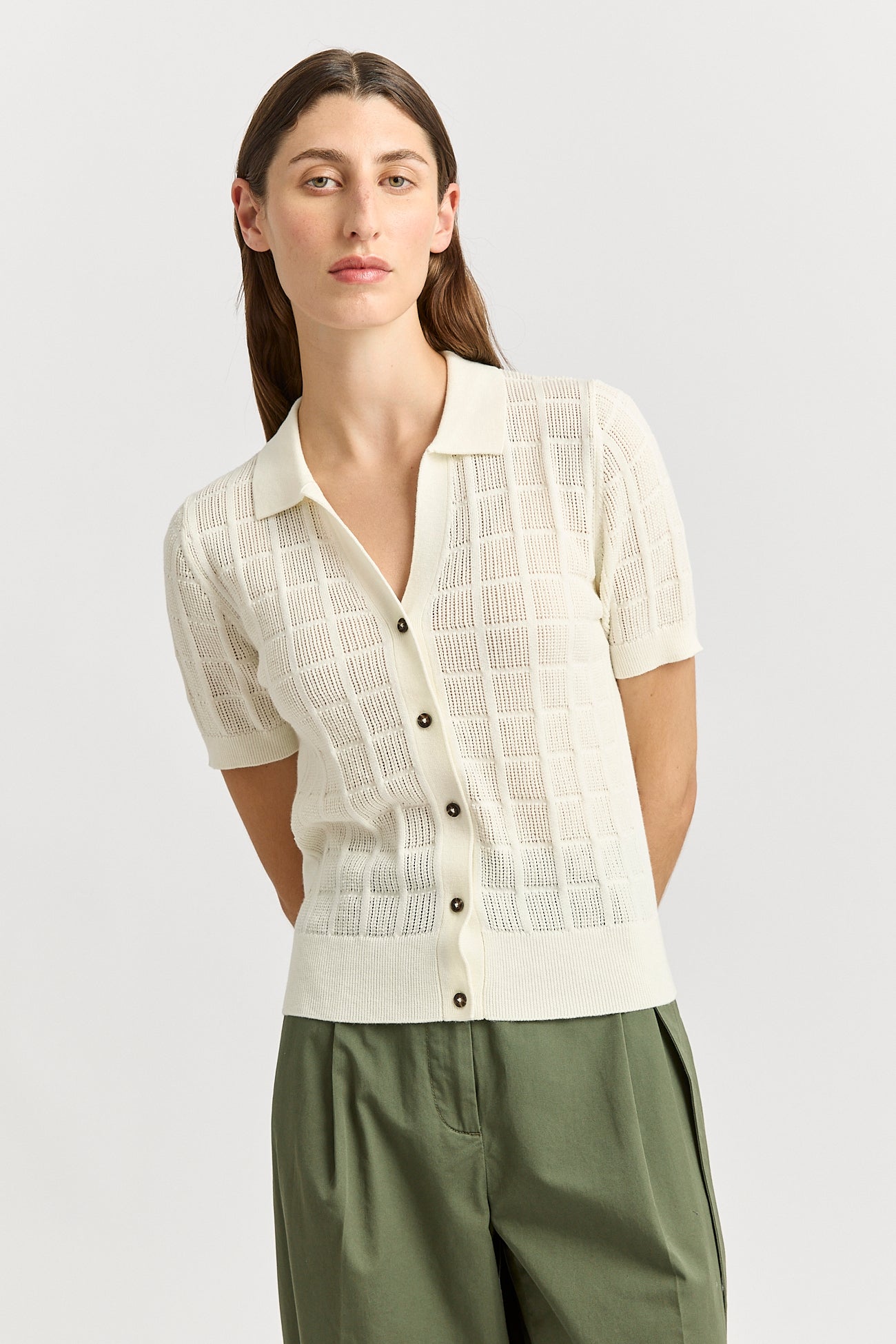 Open Stitch Button Polo - White