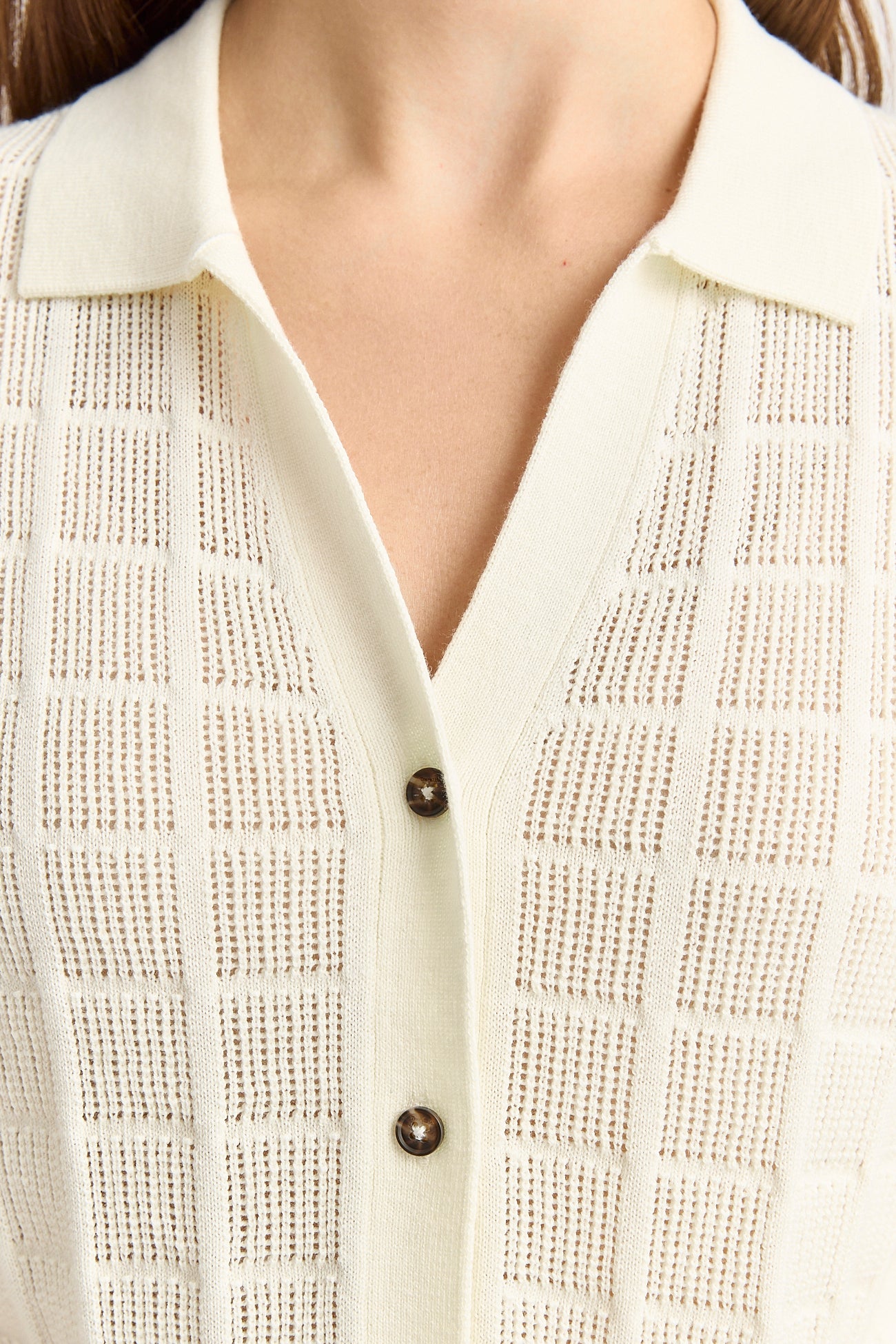 Open Stitch Button Polo - White