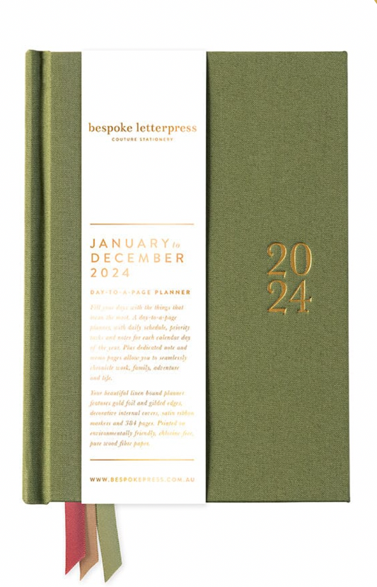 2024 Day to a Page Linen Bound Planner - Moss Green