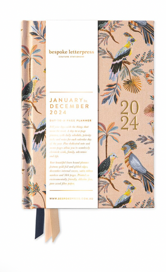 2024 Day to a Page Linen Bound Planner - Songbirds