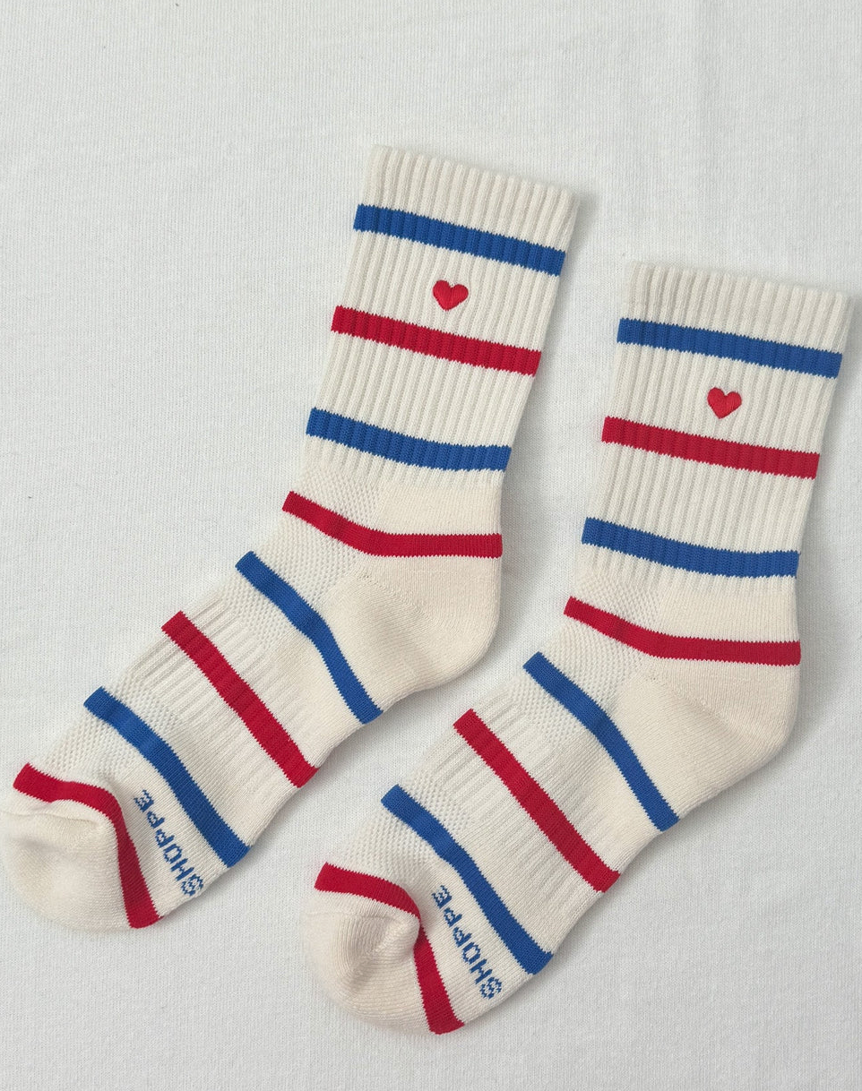 Embroidered Striped Boyfriend Socks - Red,Blue + Heart