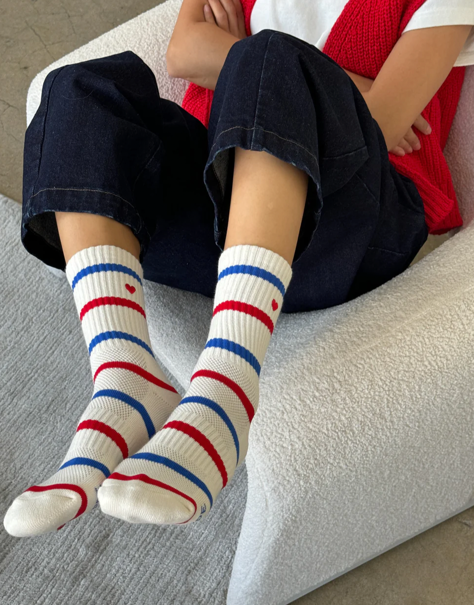 Embroidered Striped Boyfriend Socks - Red,Blue + Heart