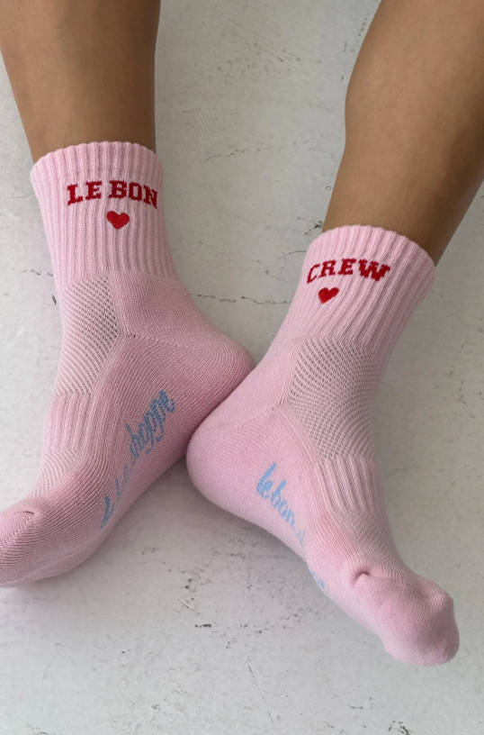 Embroidered Crew Sock - Strawberry Milk