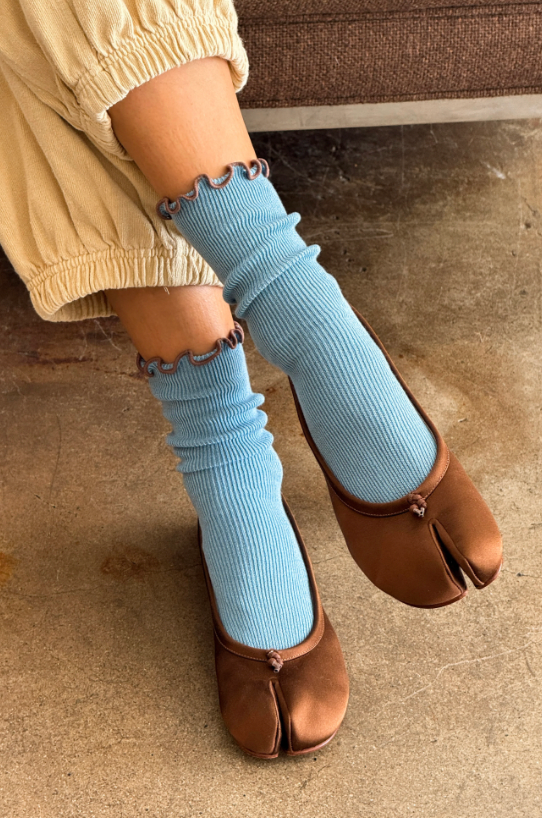 Ruffled Modal Socks - Powder Blue and Brown Edge
