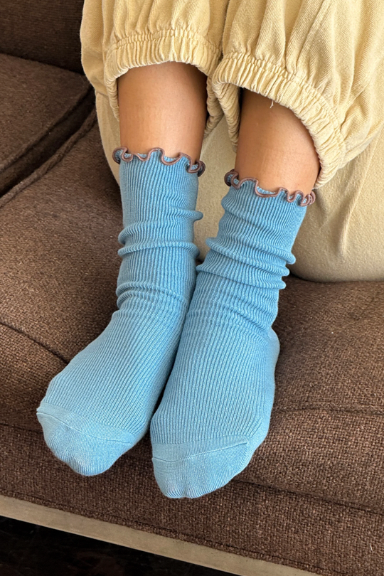 Ruffled Modal Socks - Powder Blue and Brown Edge
