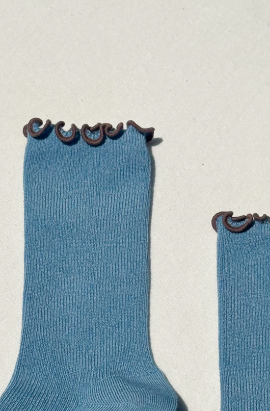 Ruffled Modal Socks - Powder Blue and Brown Edge