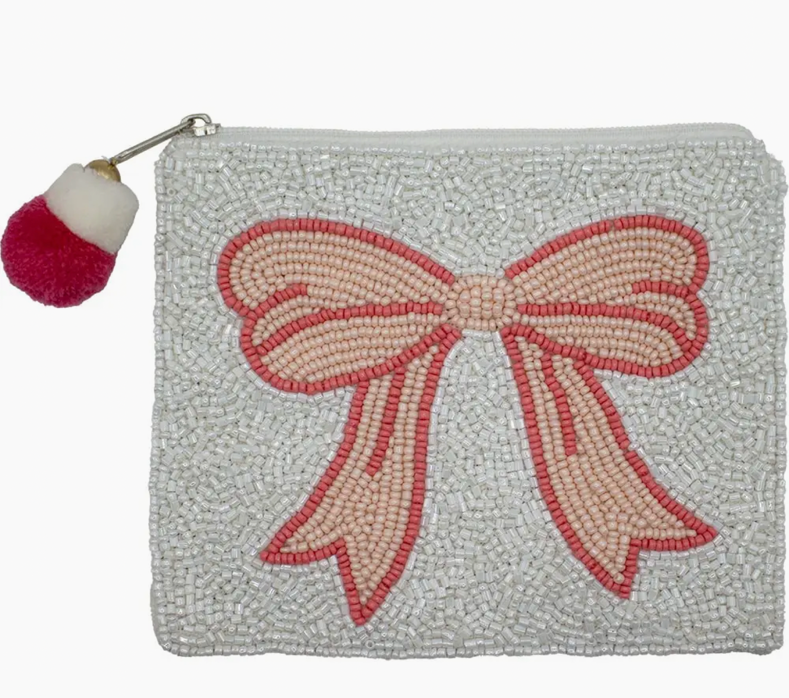 Peach Bow Beaded Coin Pouch