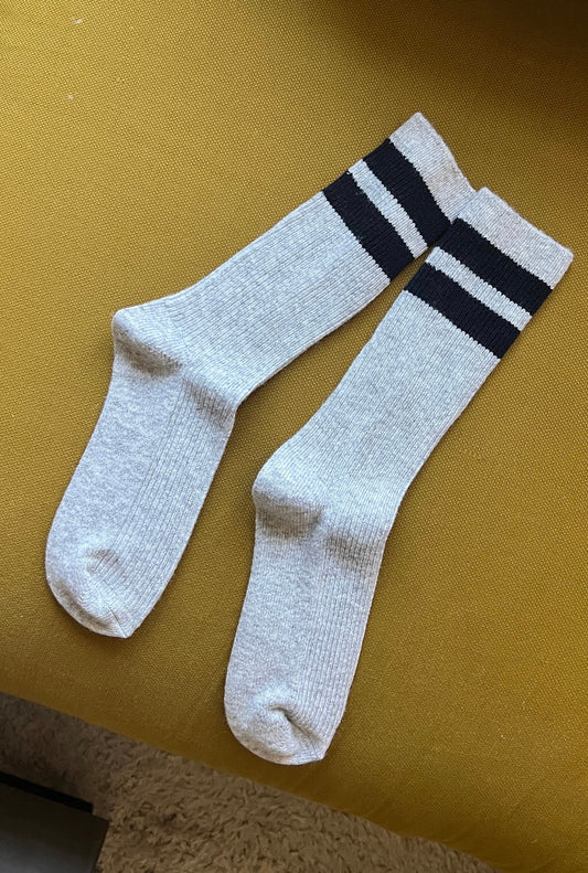 Grandpa Varsity Socks- Grey and Navy Stripe